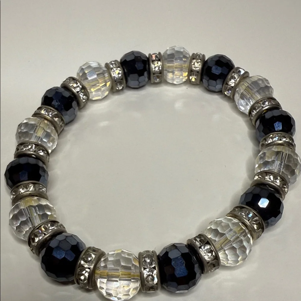 Reserved faceted glass disco ball navy clear Silver Beaded stretch